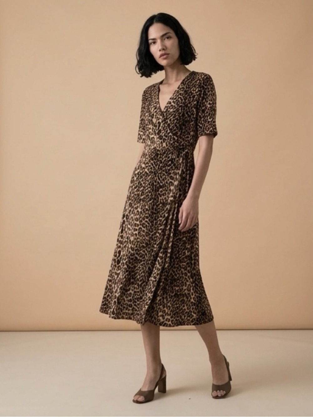 CHAUS Leopard Print Midi Wrap Style Dress V Neck Sz L Business Casual Spring